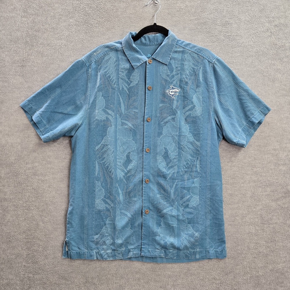 Tommy Bahama Men Button Up Shirt M Blue 100% Silk Logo Shark Floral Collar
